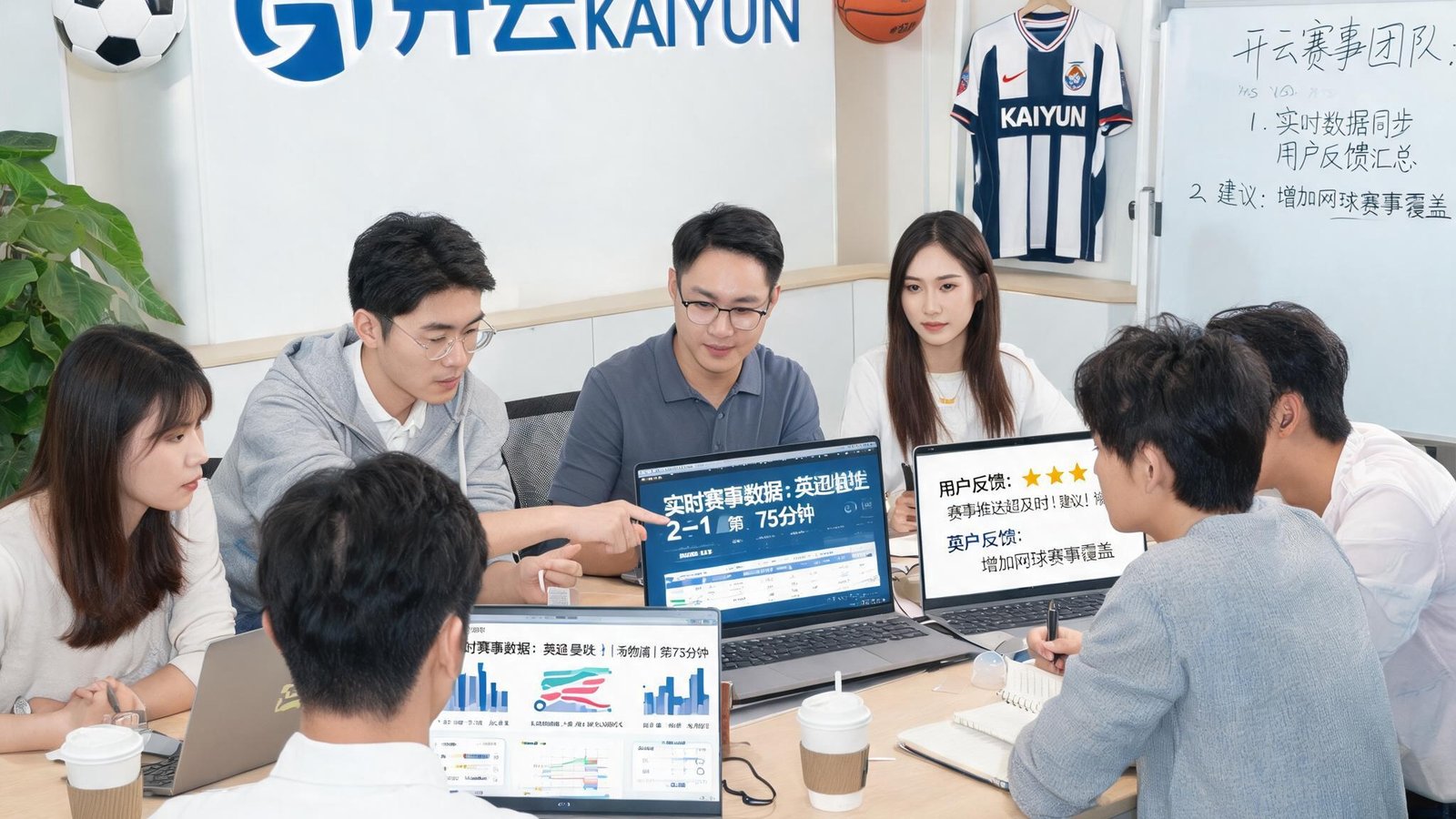 开云kaiyun团队成员围坐在电脑前讨论实时赛事数据与用户反馈，办公环境充满体育元素